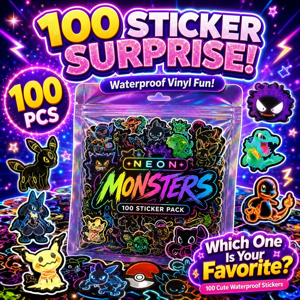100 buah stiker Pokémon neon,  - Luggage ulasan dan harga
